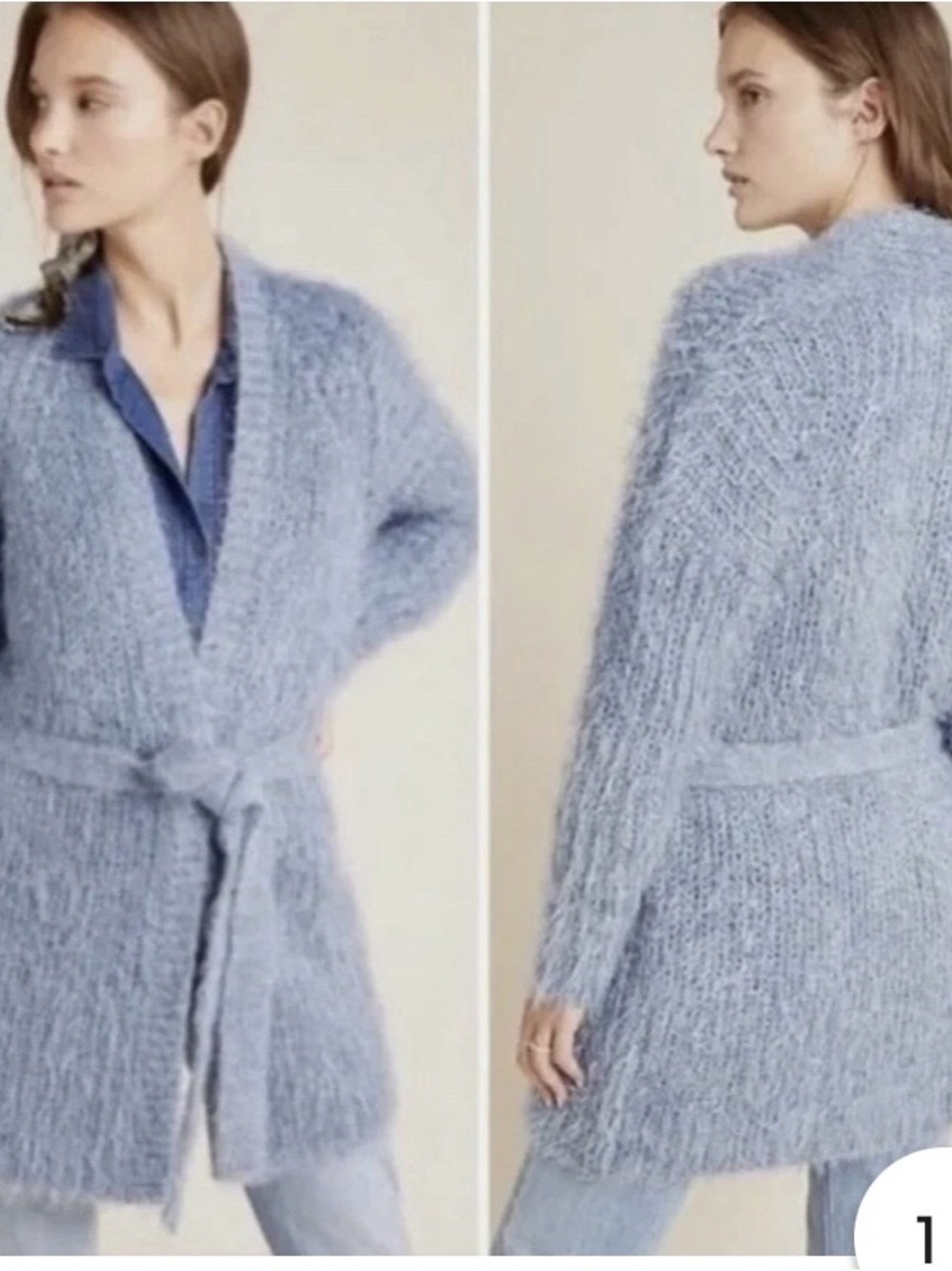 #819 Anthropologie Beautiful and Cozy Belted Fuzzy Cardigan - Light Blue